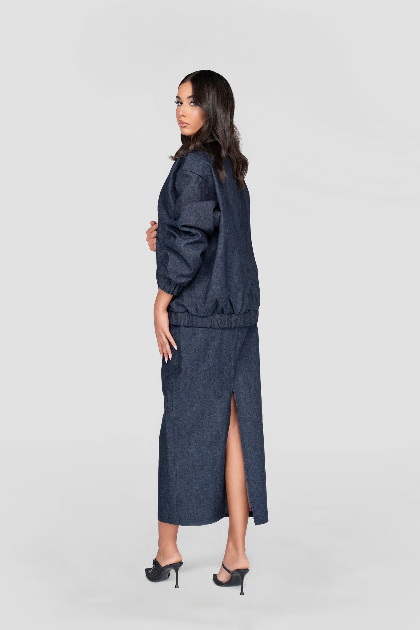Denim Bomber, Slit Skirt & Embellished Crop Top Set
