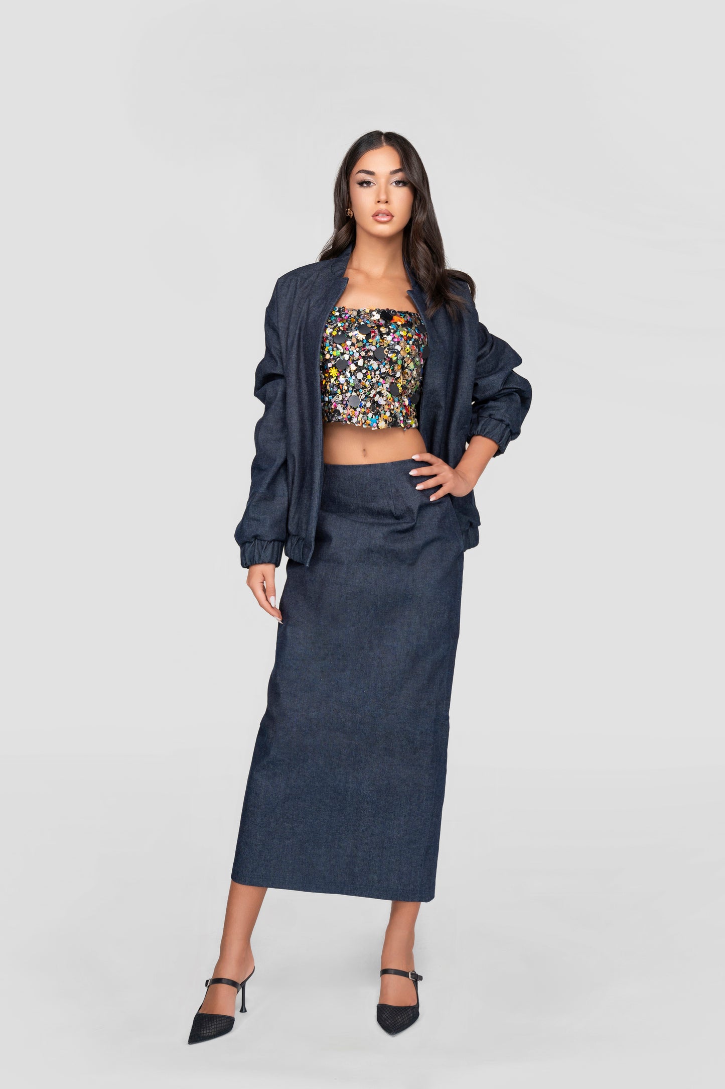 Denim Bomber, Slit Skirt & Embellished Crop Top Set