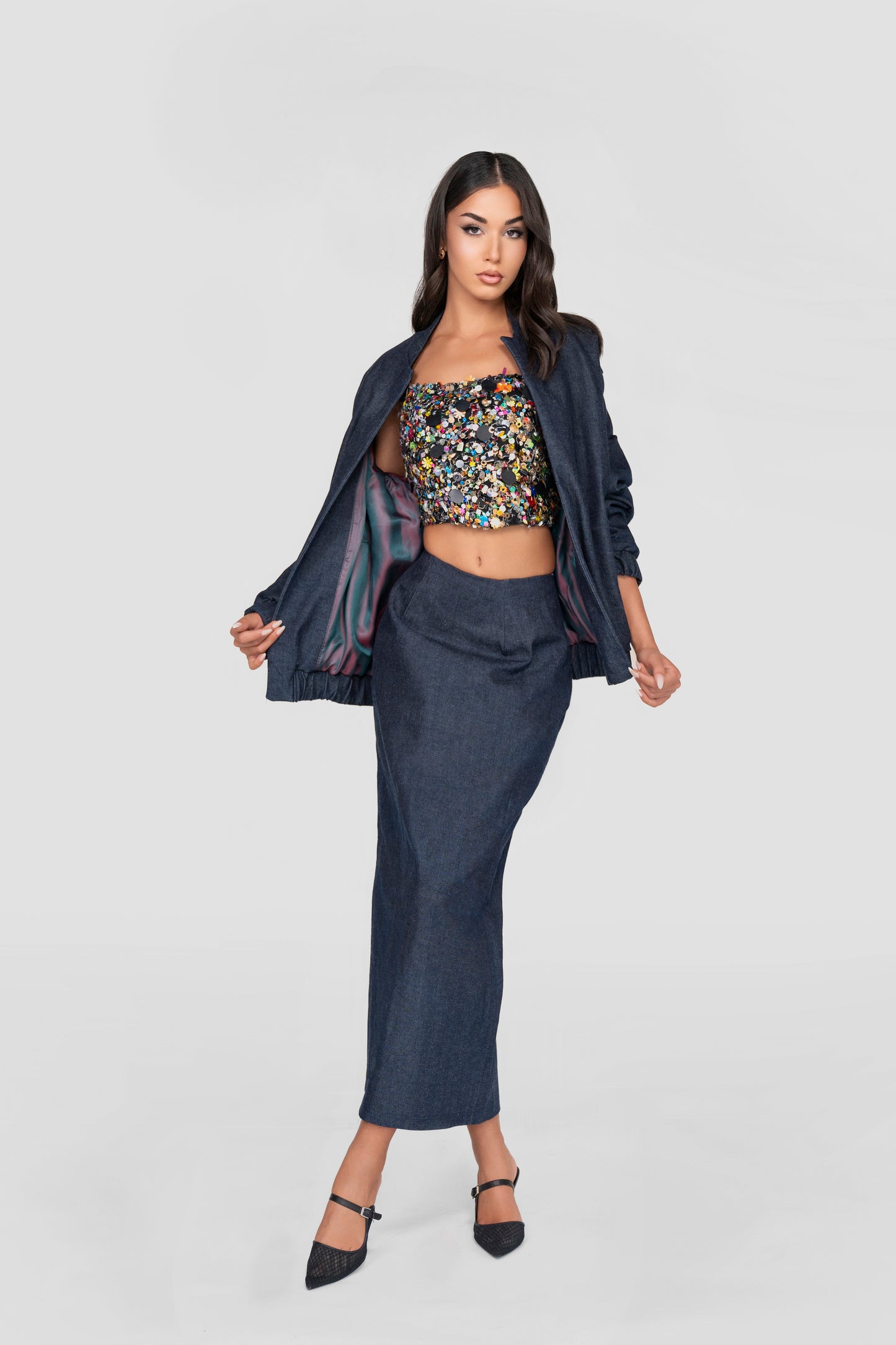Denim Bomber, Slit Skirt & Embellished Crop Top Set