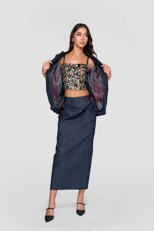 Denim Bomber, Slit Skirt & Embellished Crop Top Set