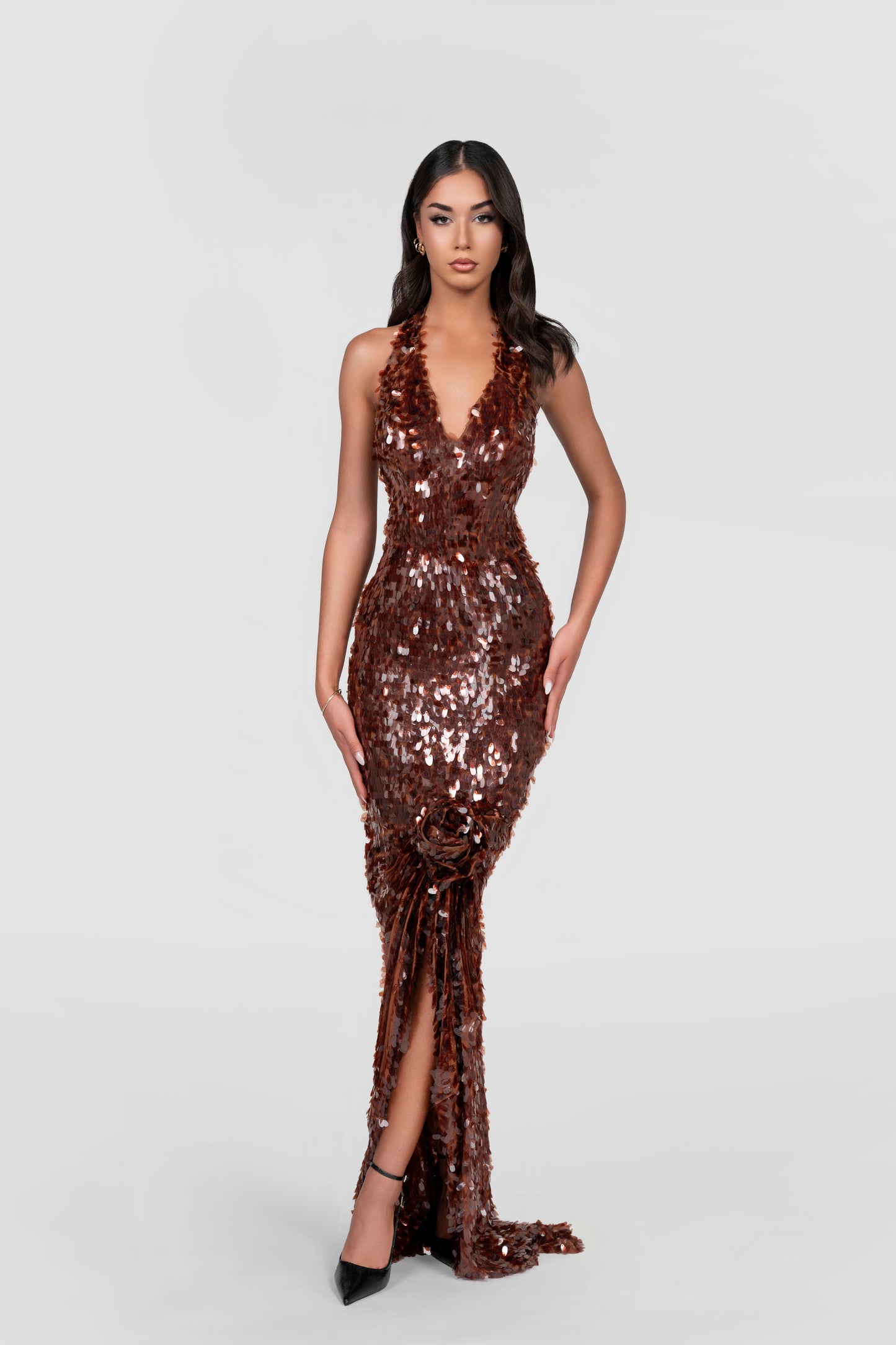 Brown Sequin Halter Gown